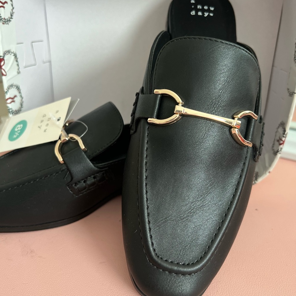 a new day Black Loafers with Gold Detail